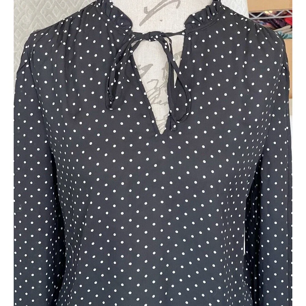 Loft Womens Ruffle Long Sleeve Blouse Polka Dots Front Keyhole Black Sz Small